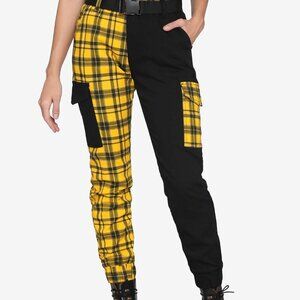Black & Yellow Plaid Split Cargo Jogger Pants.